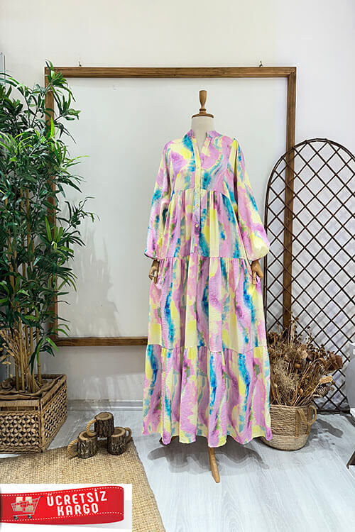 BATİK PEMBE SARI ELBİSE - 1