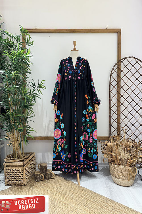DÜĞMELİ BAHAR ELBİSE Siyah - 1