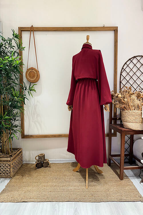 PELERİNLİ ELBİSE Bordo - 3