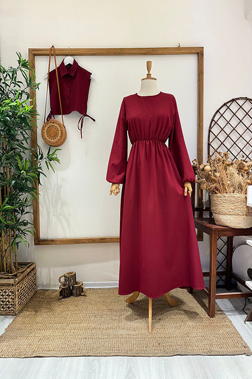 PELERİNLİ ELBİSE Bordo - 4