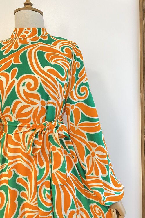 Turuncu-Yeşil Viskon Elbise